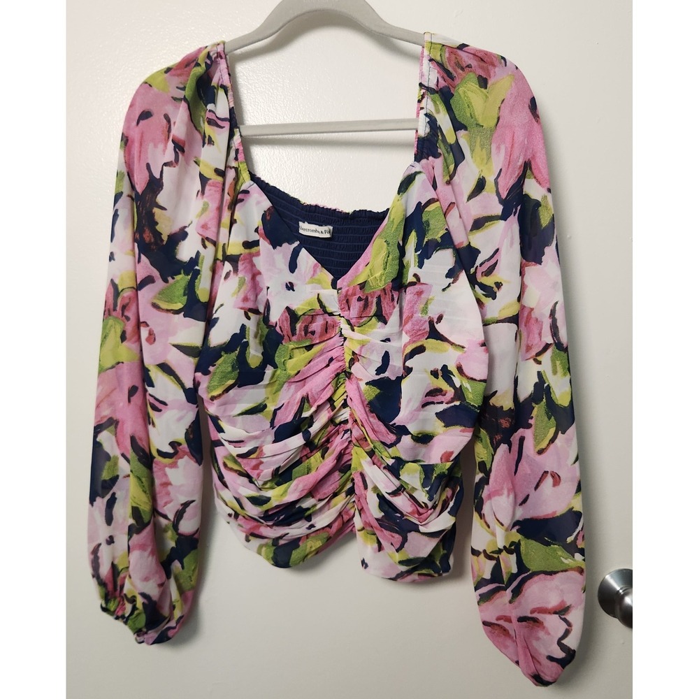 Abercrombie & Fitch Chiffon Blouse XL Ruched Smocked On‎ Off Shoulder Sheer